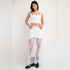 Layered Denim Lace Contrast Midi Skirt - Edit by Nine